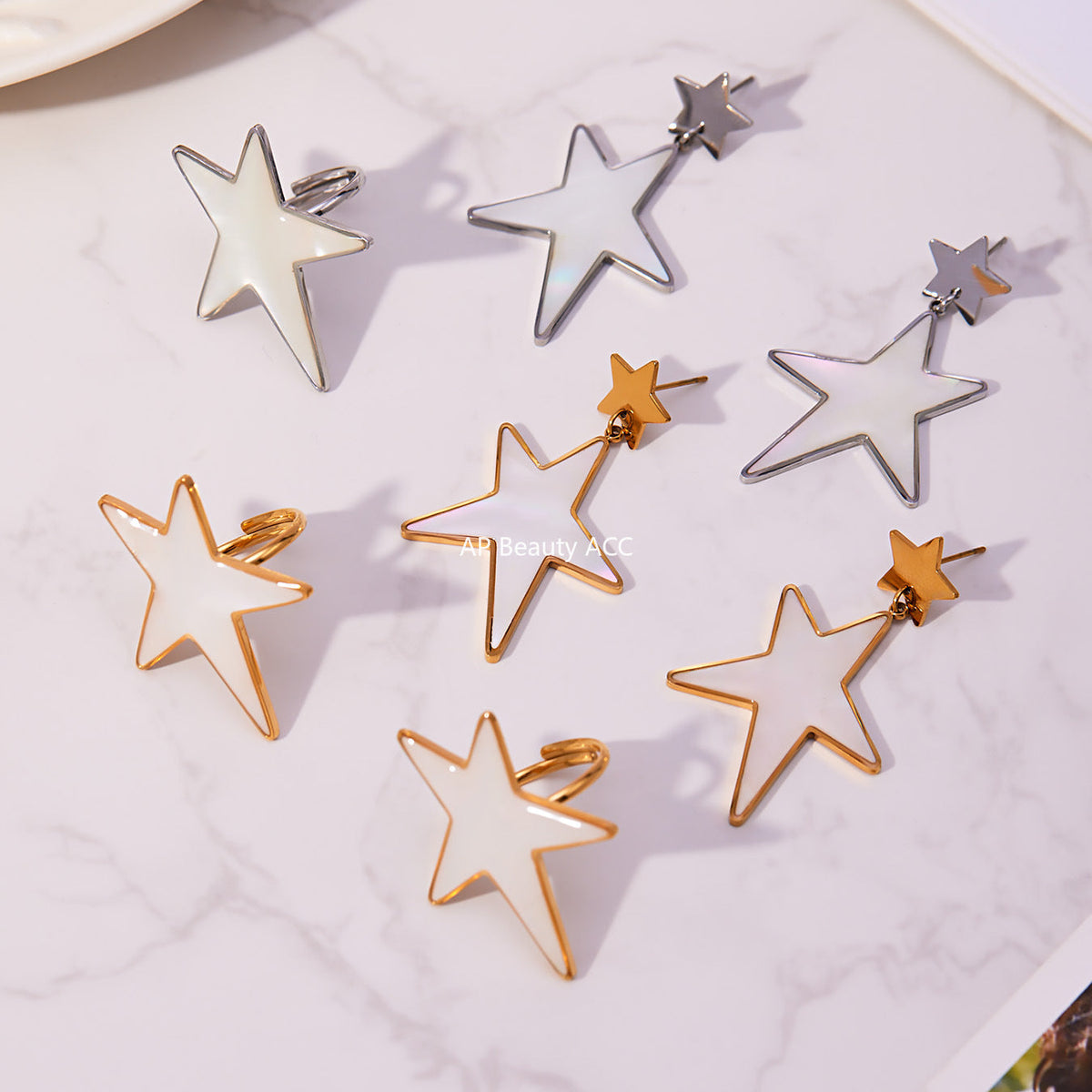 D관 - 스테인리스 18K 도금 천연 자개 대형 오각별 반지 귀걸이 [TXF460] 25.11-1