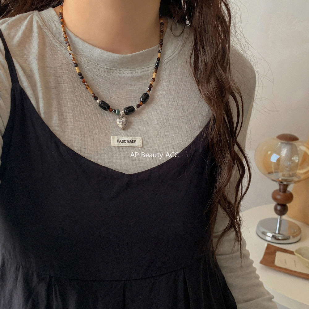 A관 - 925 실버 비즈 하트 플라워 펜던트 천연석 핸드메이드 목걸이 [1607] 25.11-2