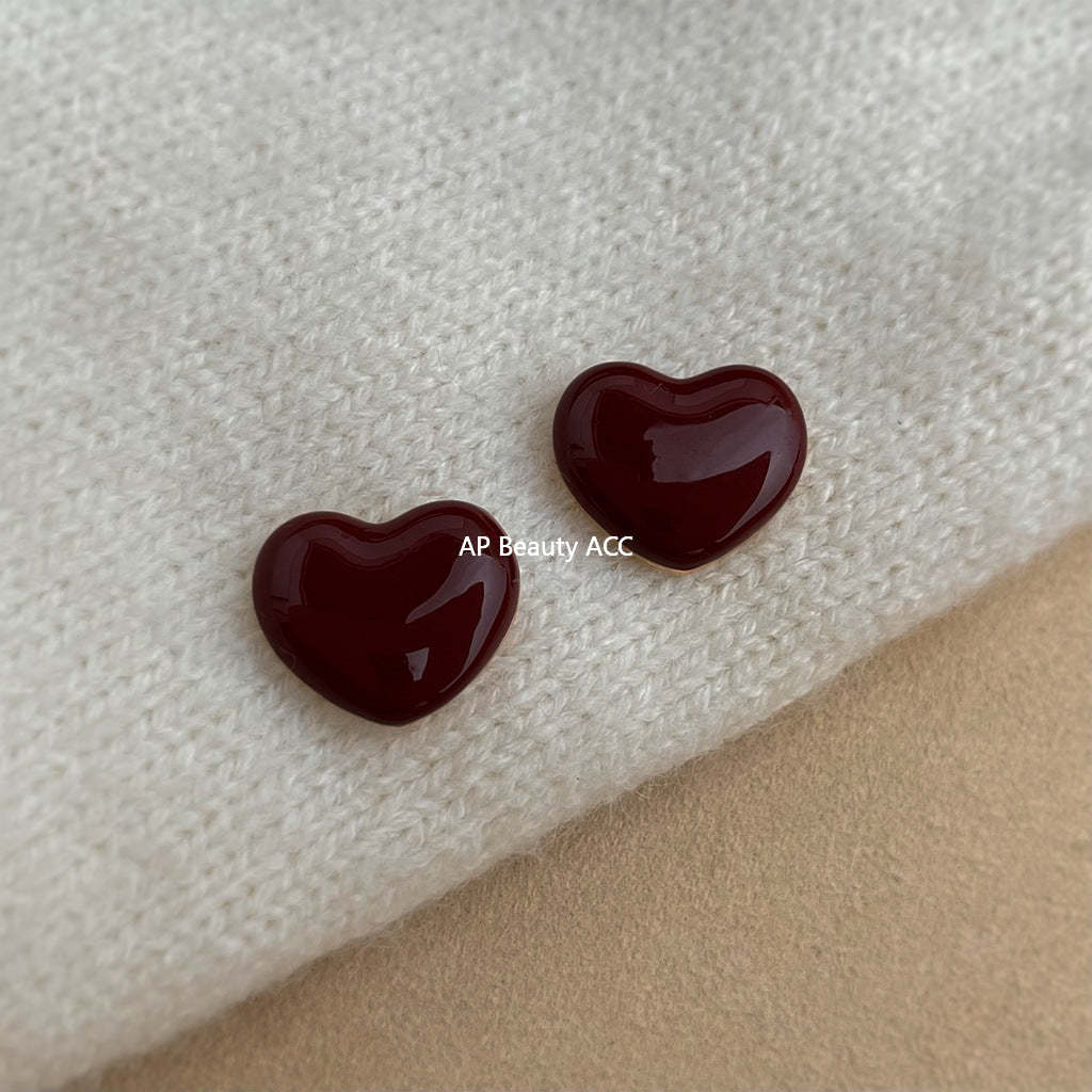 C관 - 핸드페인팅 와인 레드 하트 925 은침 귀걸이 [7254] 25.12-3