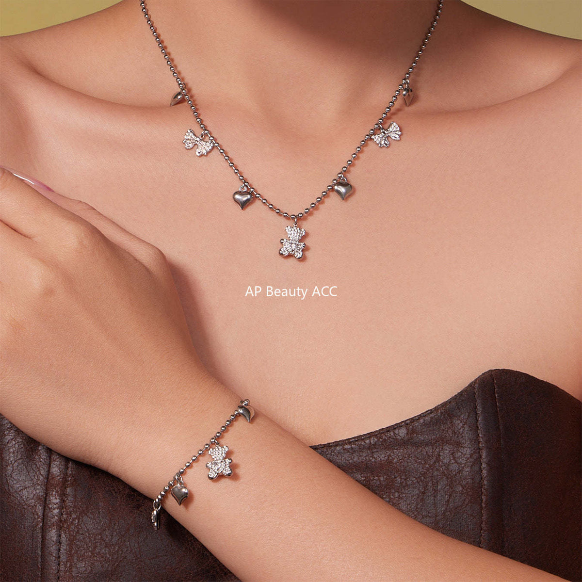 D관 - 스테인리스 스틸 곰 리본 하트 풀큐빅 펜던트 목걸이 팔찌 귀걸이 [TXP500] 25.11-4
