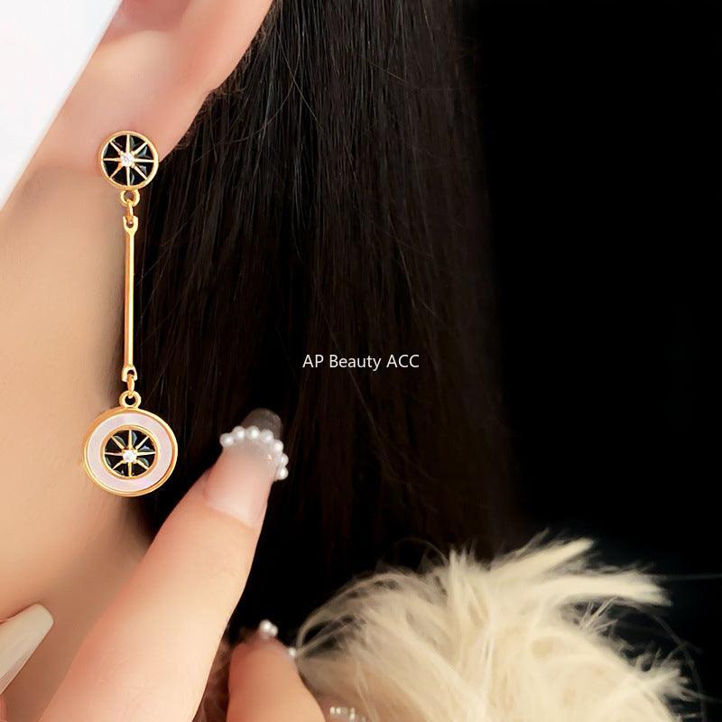 C관 - 레트로 18K 도금 은침 큐빅 원형 자개 유니크 귀걸이 [E374] 24.03-2