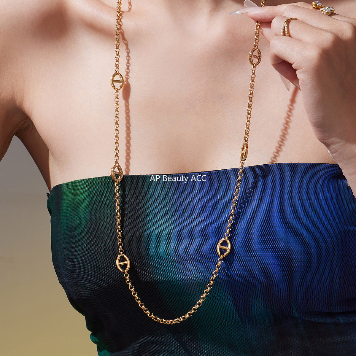 D관 - 스테인리스 스틸 18K 도금 큐빅 버클 장식 롱 목걸이 [M081] 25.10-3