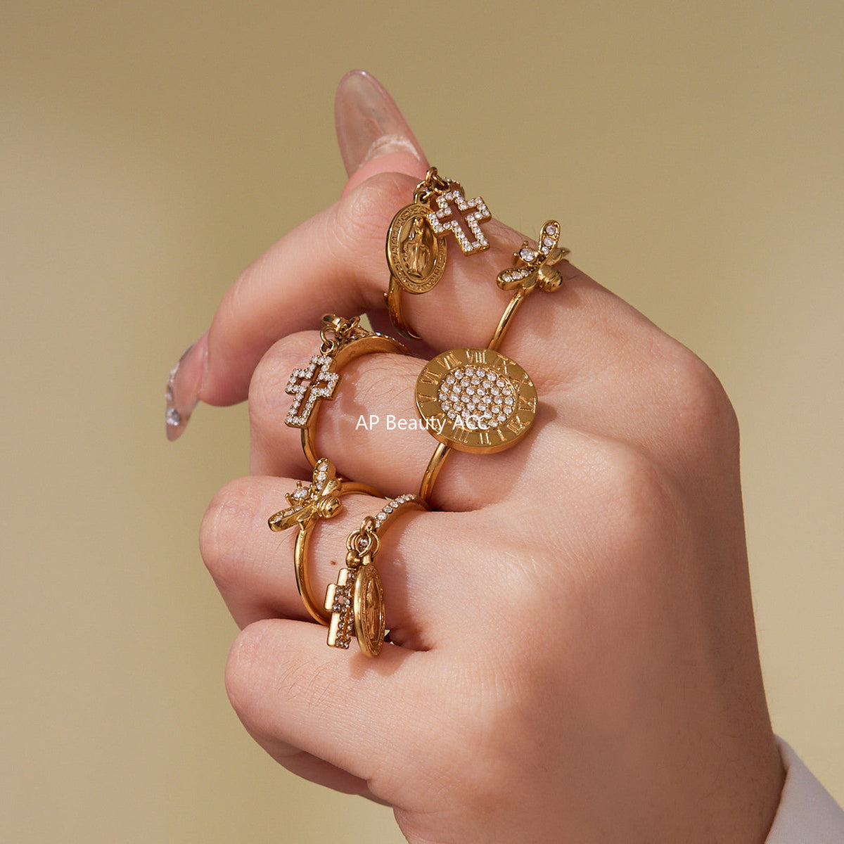 D관 - 18K 도금 스테인리스 스틸 십자가 큐빅 오픈형 반지 [A569-A572-A649] 25.10-1