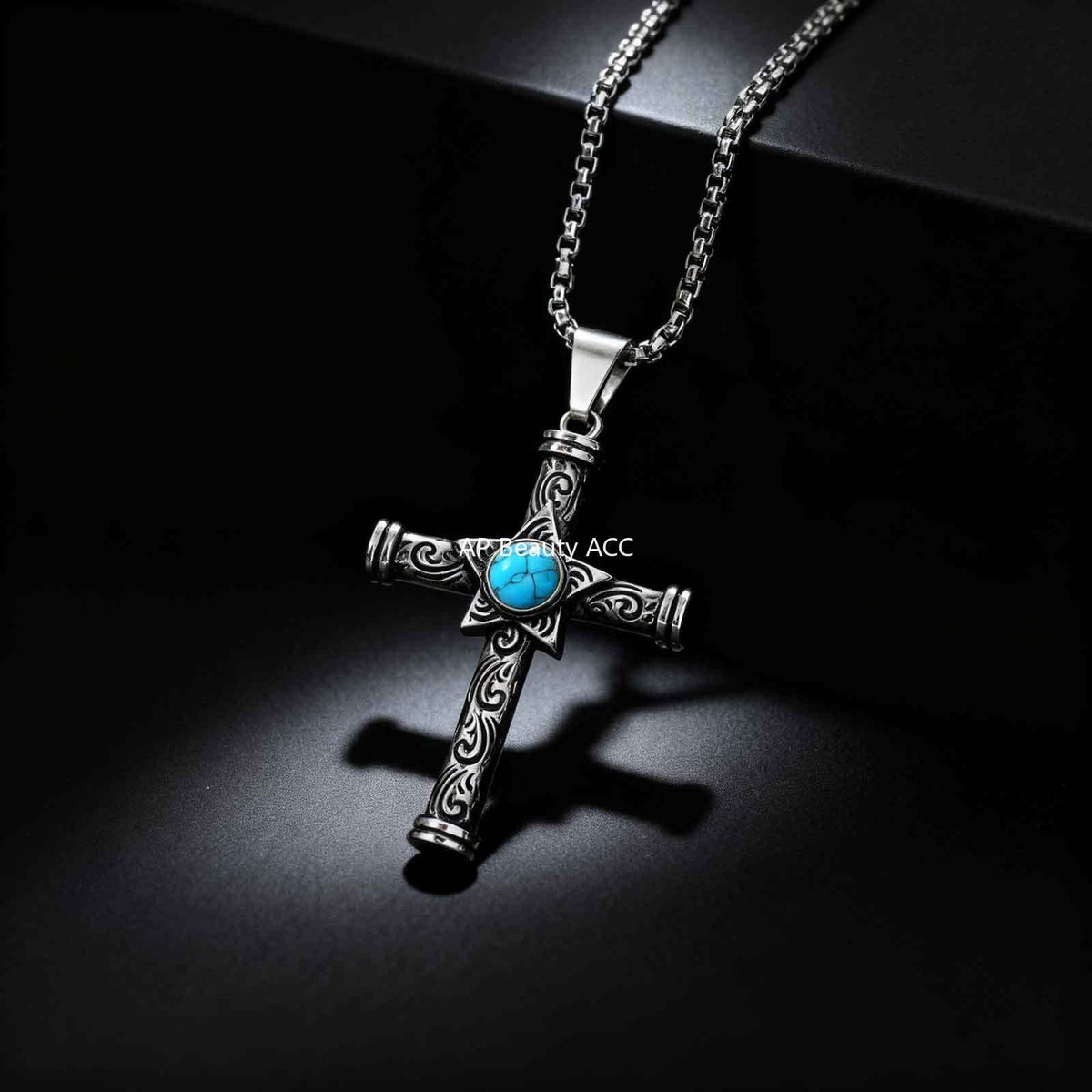 G관 - 별 모티브 터키석 십자가 스테인리스 목걸이 [PN-2235] 25.11-3