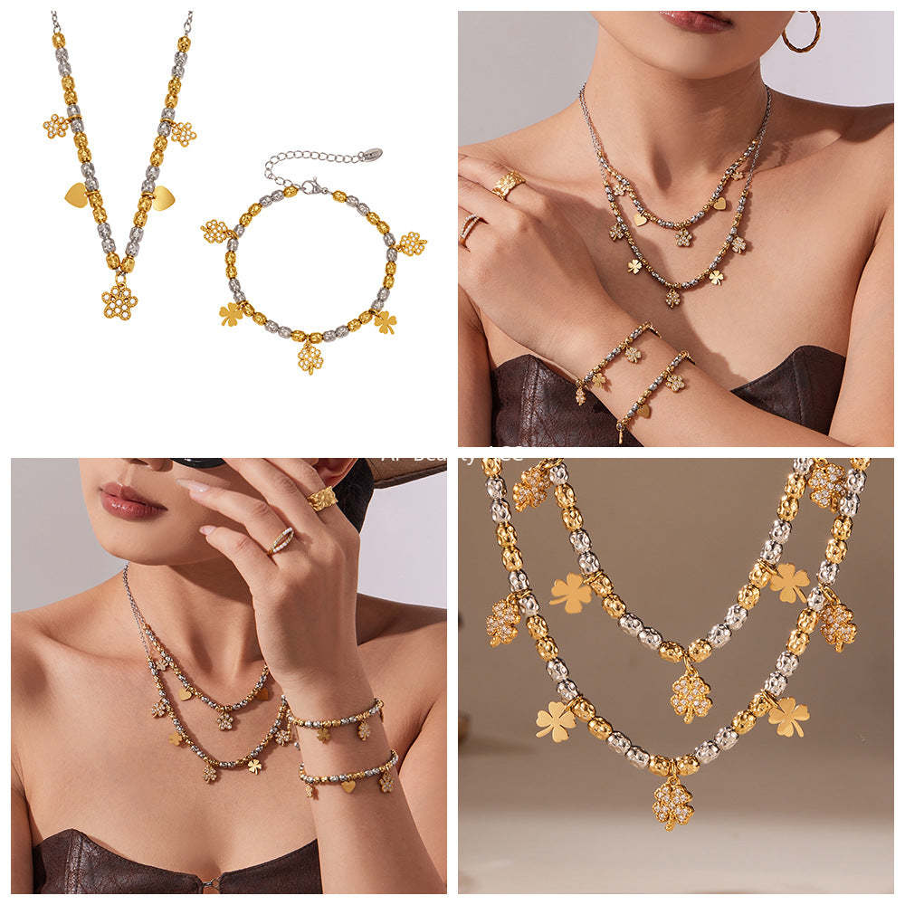 D관 - 스테인리스 투톤 네잎클로버 큐빅 펜던트 18K 도금 목걸이 팔찌 [TXP467-TXE467] 25.11-3