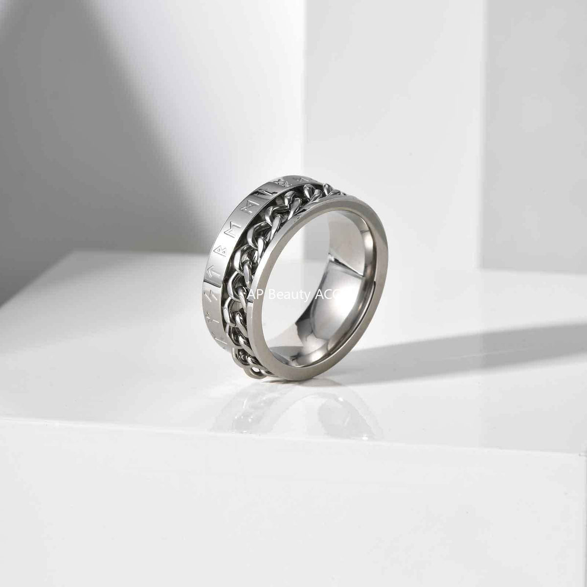 G관 - 스테인리스 스틸 룬 문자 체인 회전 반지 [R-651] 25.10-5