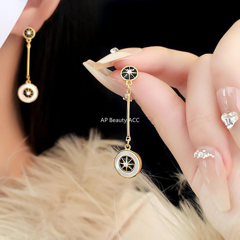 C관 - 레트로 18K 도금 은침 큐빅 원형 자개 유니크 귀걸이 [E374] 24.03-2