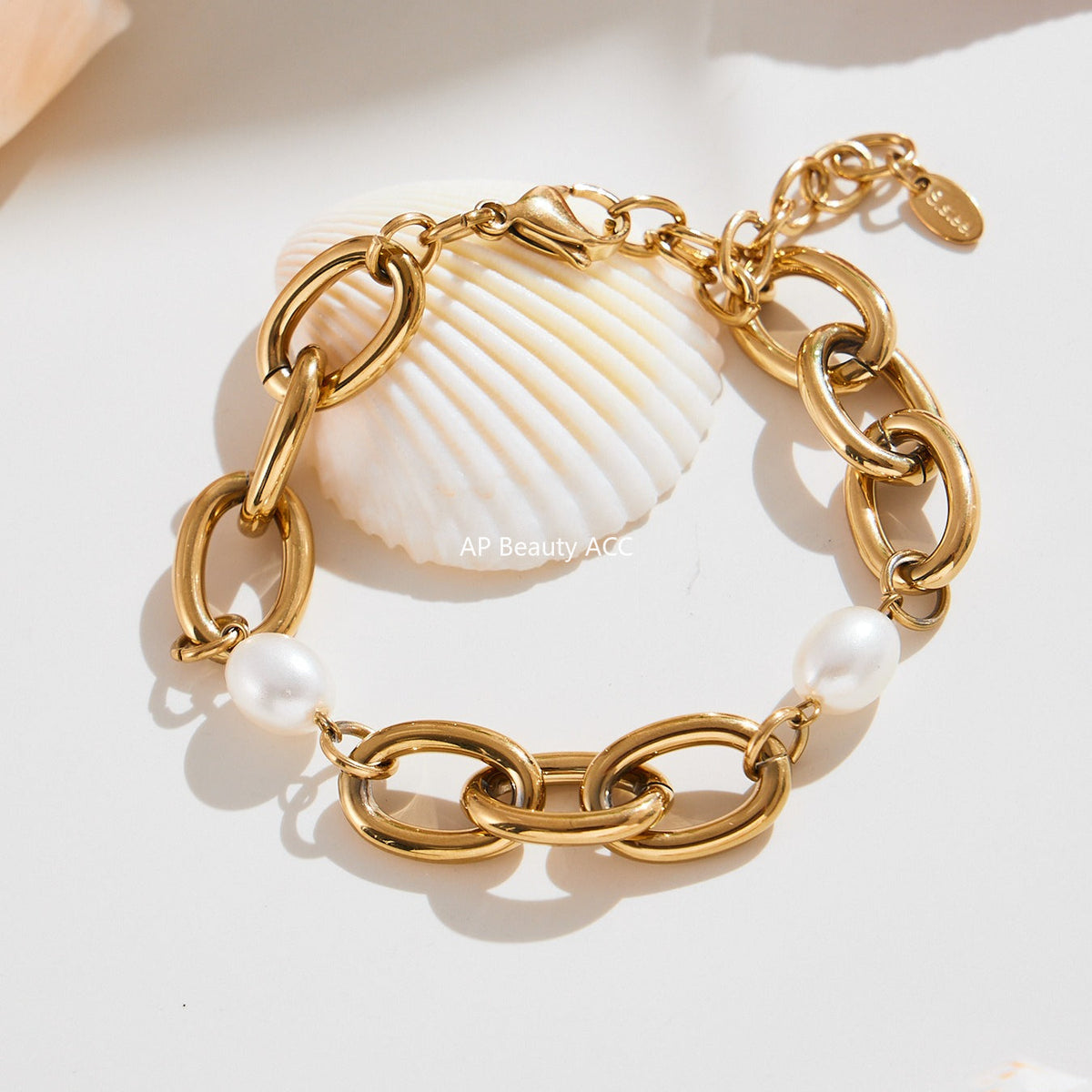 D관 - 18K 골드 도금 스테인리스 스틸 진주 핸드메이드 체인 팔찌 [E043] 25.10-1