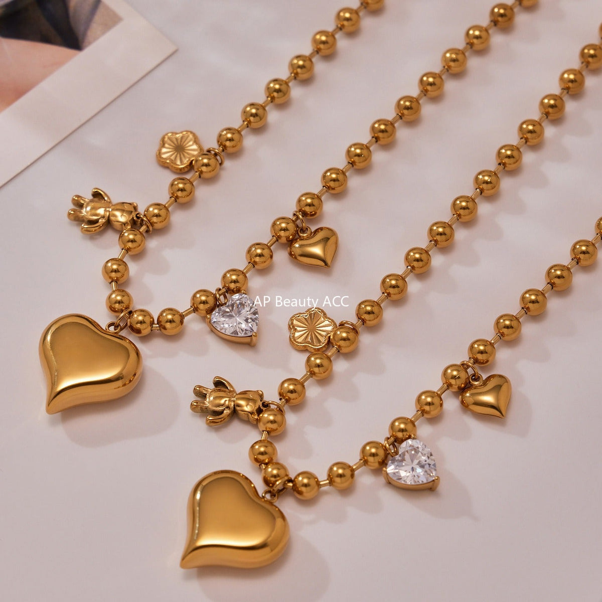 D관 - 스테인리스 스틸 18K 도금 큐빅 하트 곰 펜던트 목걸이 [P1032] 25.10-3