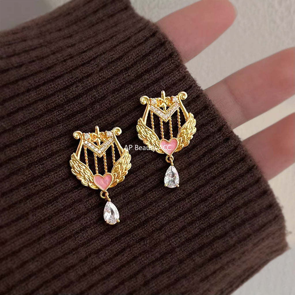 C관 - 하프 모양 하트 물방울 큐빅 925 은침 귀걸이 [7198] 25.12-1