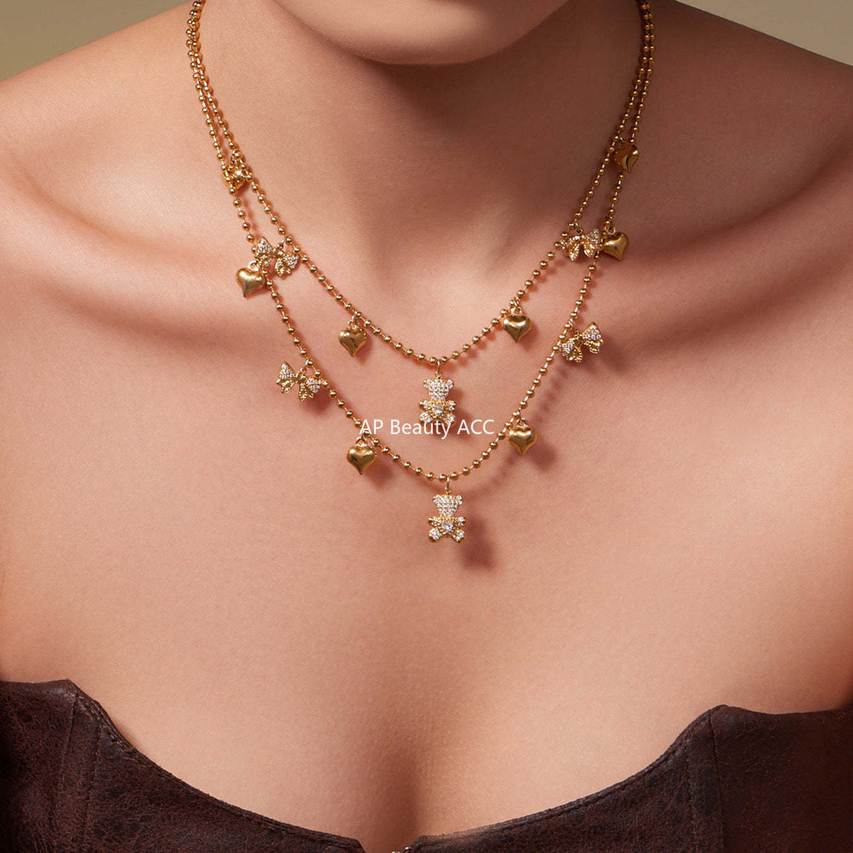 D관 - 스테인리스 스틸 곰 리본 하트 풀큐빅 펜던트 목걸이 팔찌 귀걸이 [TXP500] 25.11-4