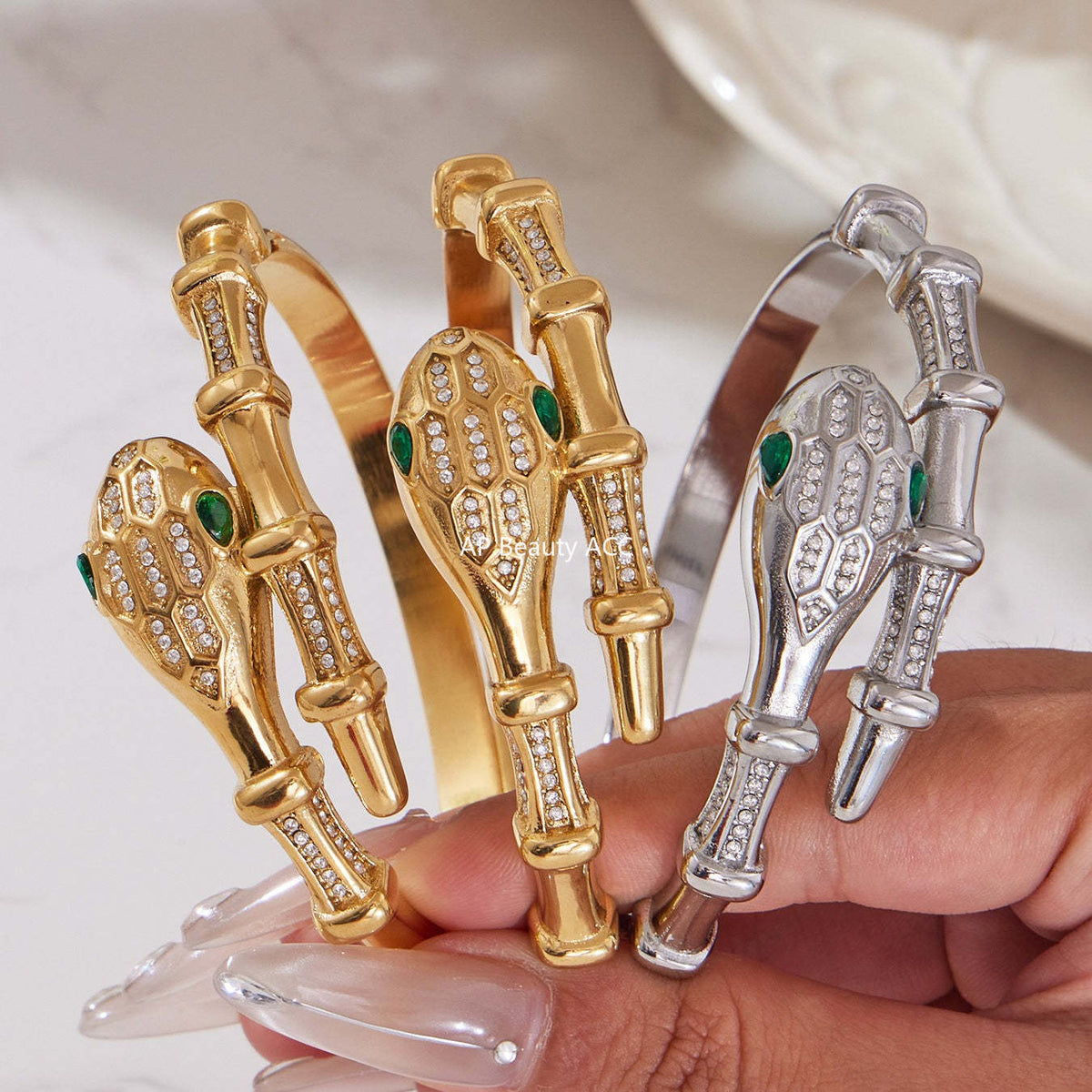 D관 - 스테인리스 18K 도금 풀큐빅 뱀머리 오픈형 팔찌 [Z506-Z507-Z508] 25.10-5