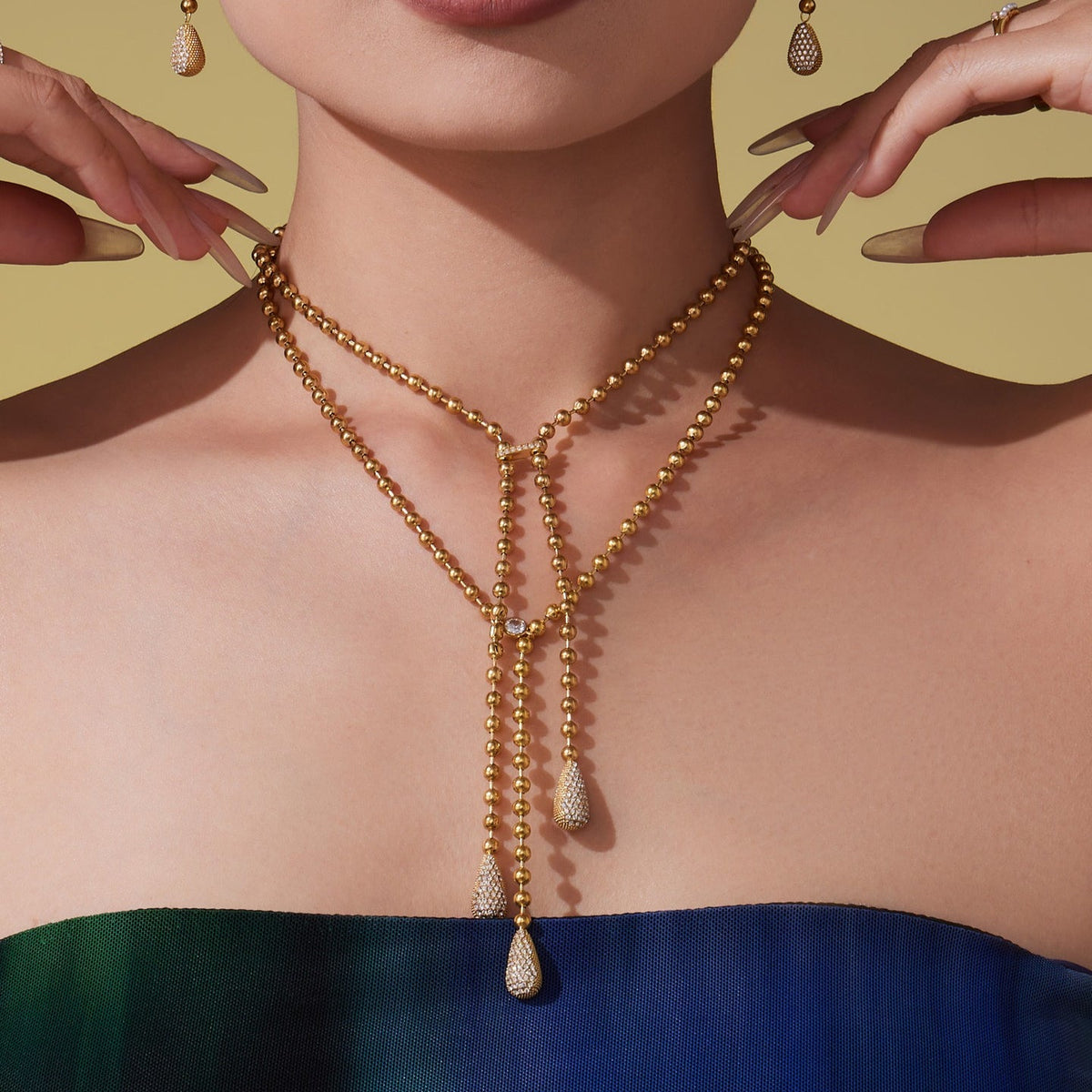 D관 - 18K 골드 도금 스테인리스 스틸 물방울 큐빅 비즈 체인 목걸이 귀걸이 [TXP419-TXF419] 25.10-1