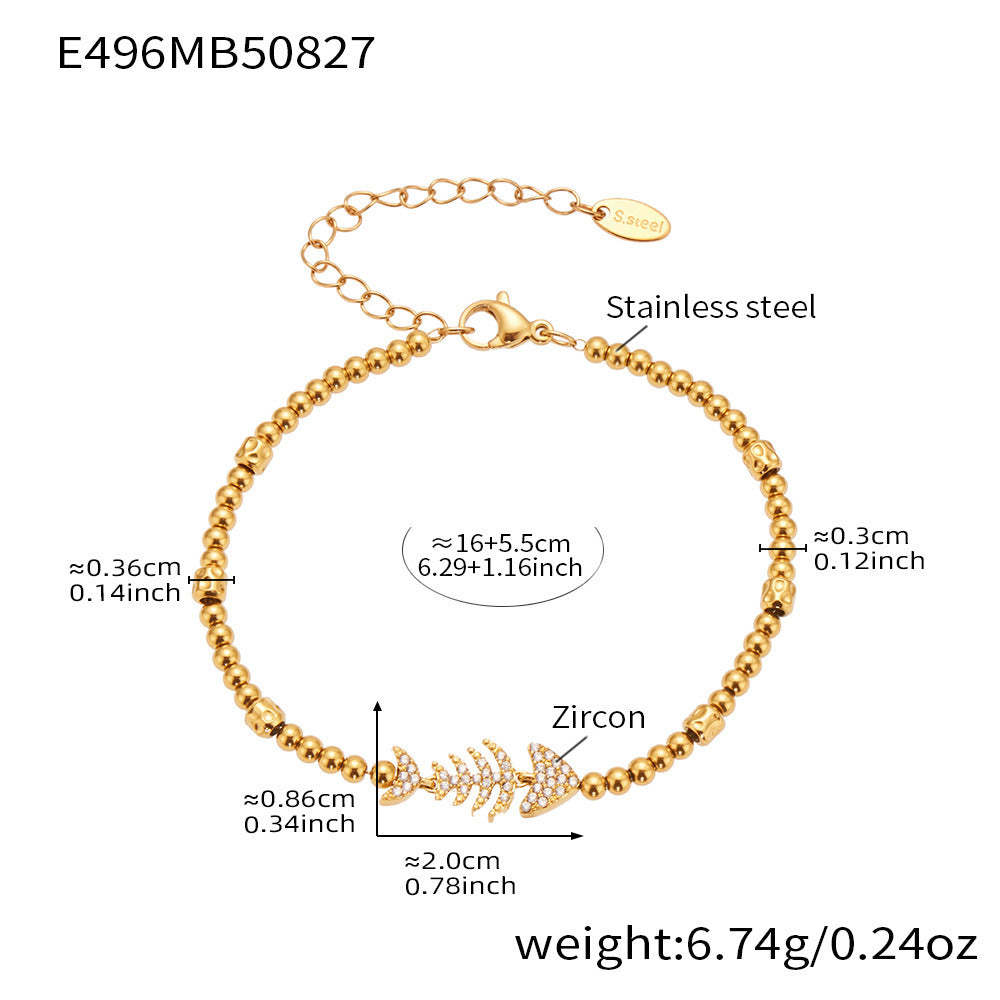 D관 - 스테인리스 스틸 원형 큐빅 물고기 뼈 펜던트 18K 도금 팔찌 [E526-E488-E496] 25.09-1