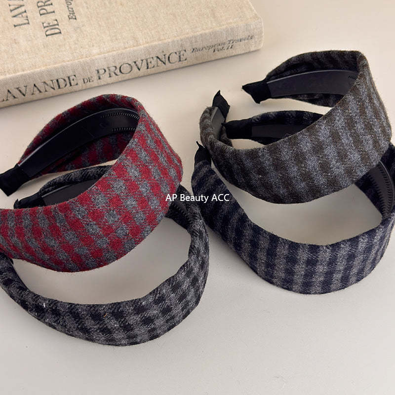 E관 - 레트로 체크무늬 패턴 와이드 머리띠 [27632] 25.11-1