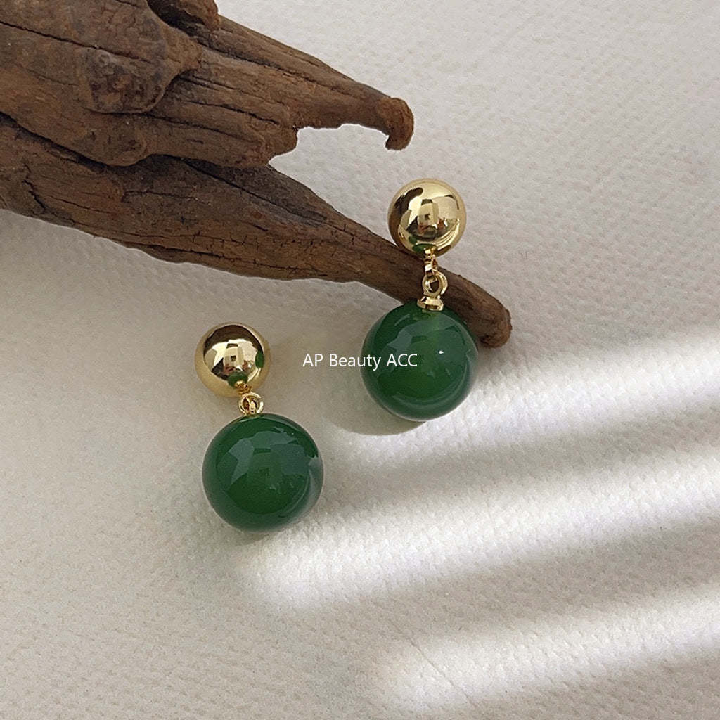 C관 - 업그레이드 14K 도금 자연석 그린 마노 고급스러운 원형 귀걸이 [3898] 24.04-4