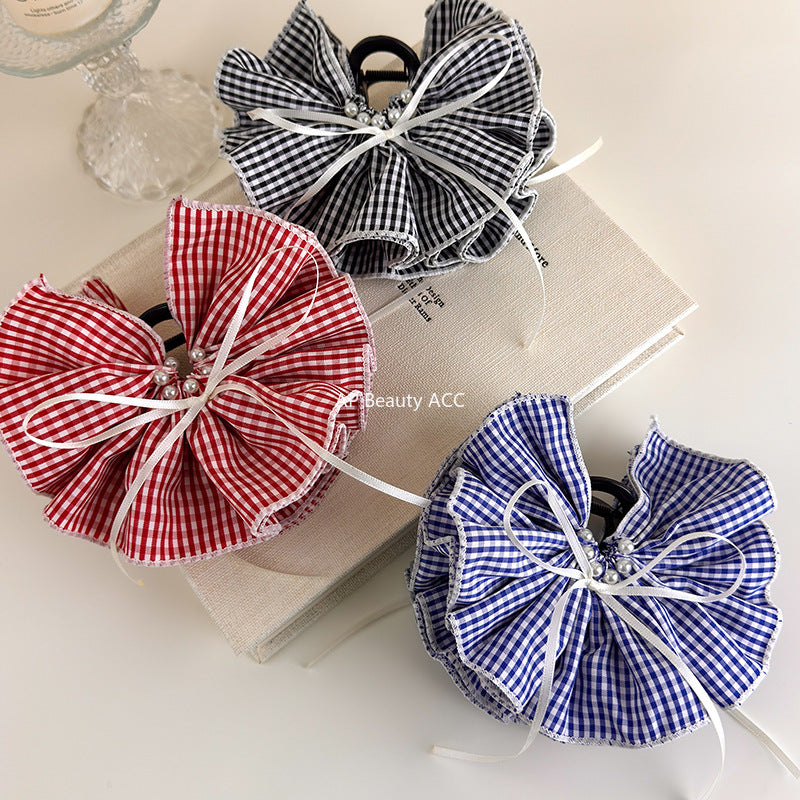 E관 - 체크 러플형 리본 대형 빈티지 집게핀 [27527] 25.10-1