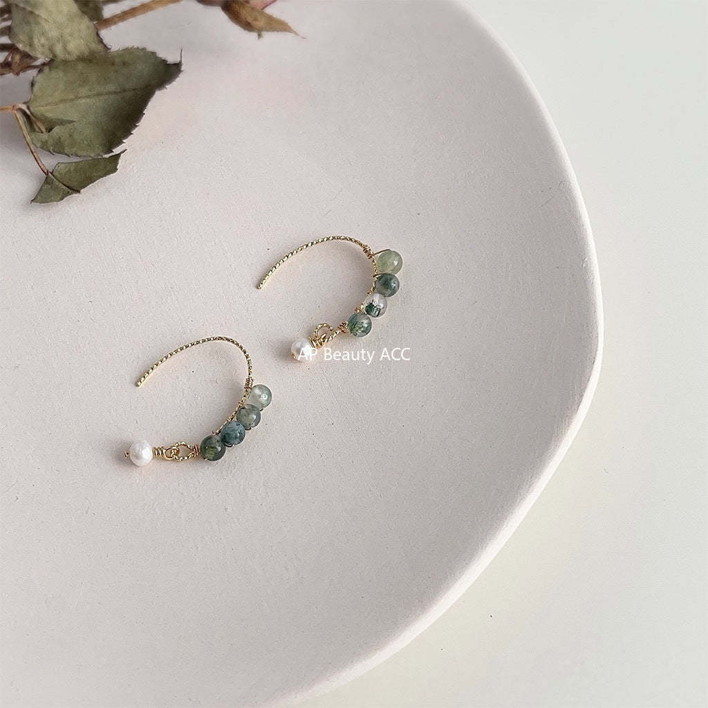 C관 - 천연석 녹색 수초 숲 속 스타일 14K 도금 은침 귀걸이 [3909] 24.05-1