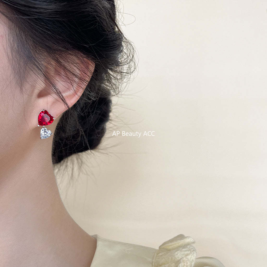 C관 - 고급스러운 컬러 큐빅 하트 귀걸이 분위기 있는 스윗한 빨간색 하트 귀걸이 [1734] 24.05-4