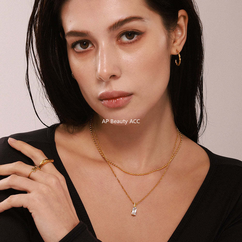 D관 - 18K PVD 도금 직사각 큐빅 레이어드 스테인리스 스틸 목걸이 [P516-P518] 25.03-2