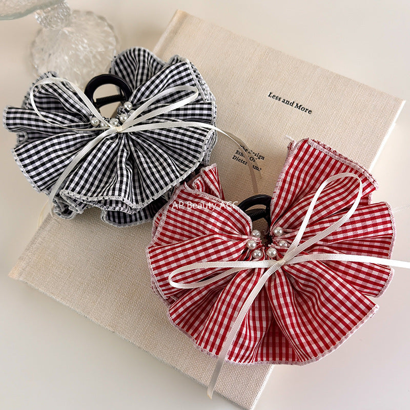 E관 - 체크 러플형 리본 대형 빈티지 집게핀 [27527] 25.10-1