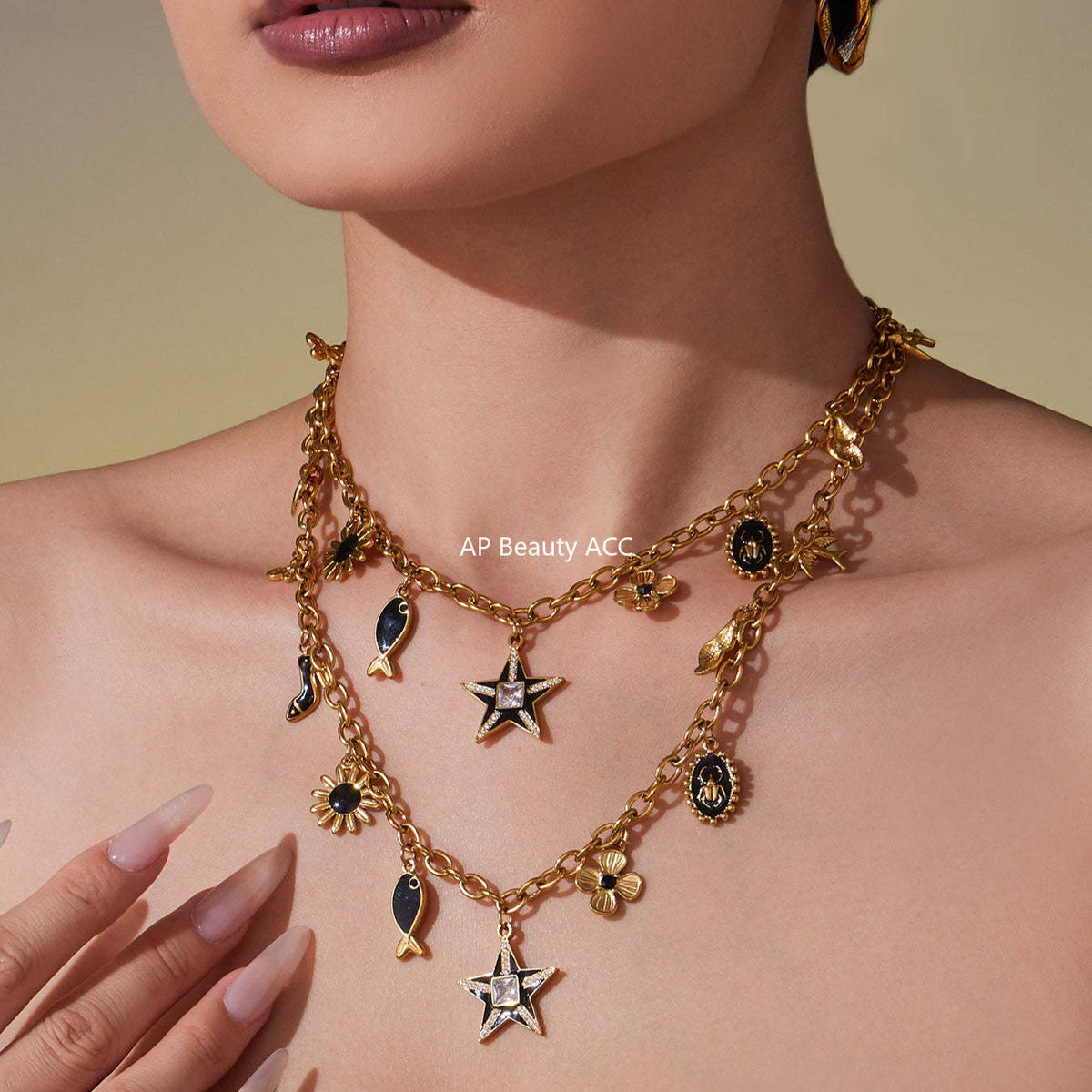 D관 - 18K 도금 스테인리스 스틸 큐빅 별 멀티 펜던트 목걸이 [P081] 25.10-2