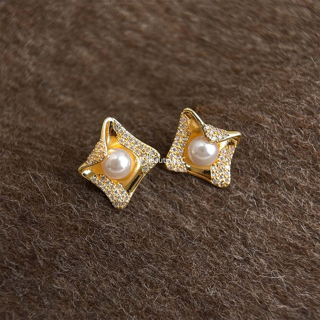 C관 - 925 은침 사각형 미니 큐빅 진주 귀걸이 [7143] 25.12-3