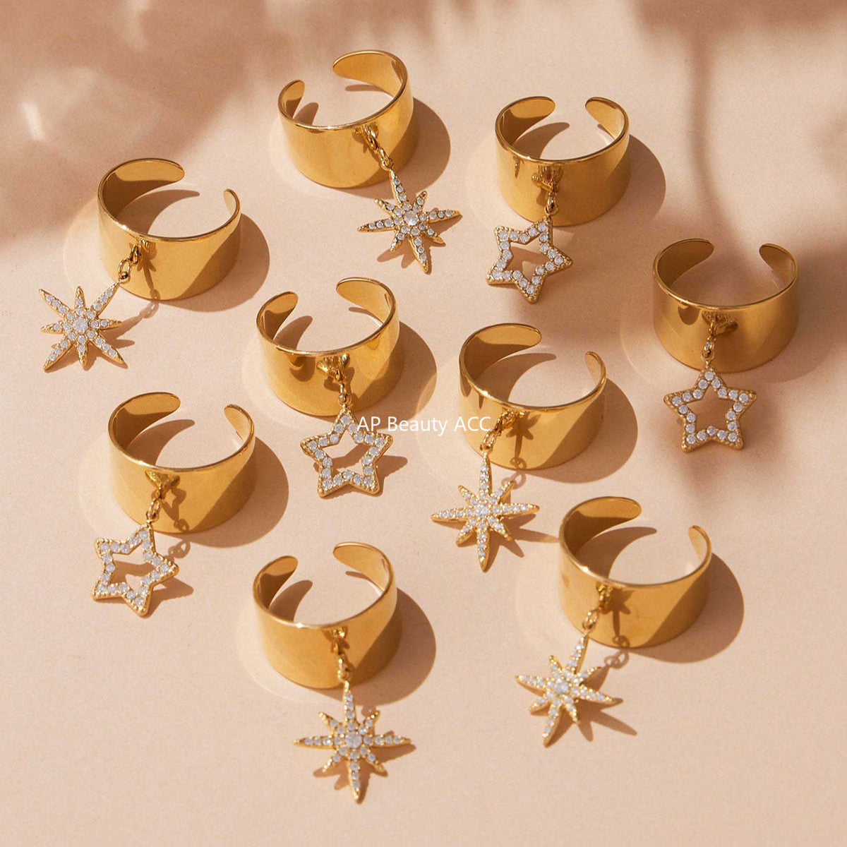 D관 - 스테인리스 스틸 와이드 별 큐빅 18K 골드 도금 오픈형 반지 [A074] 25.09-4