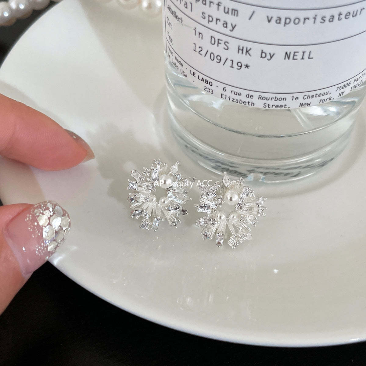 A관 - 눈꽃 플라워 모양 큐빅 진주 귀걸이 [EH-4048] 25.12-1