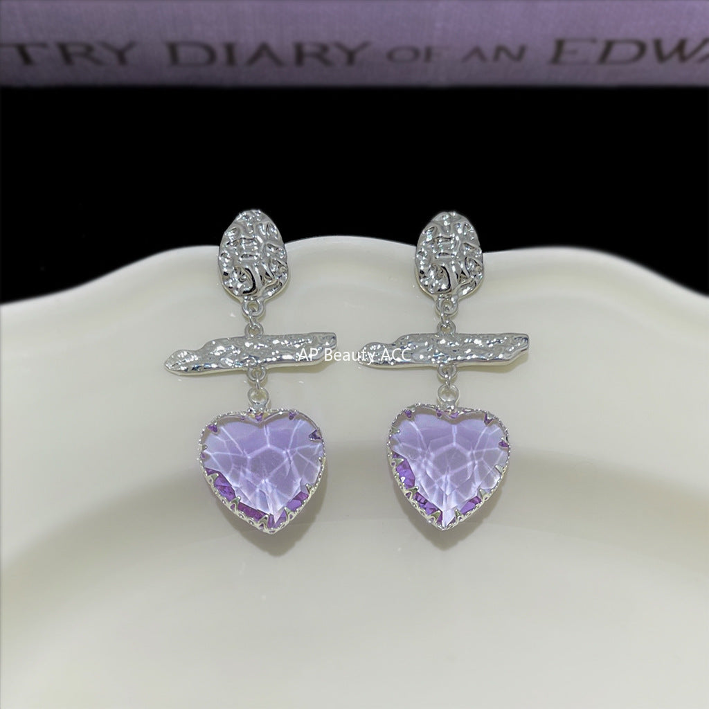 C관 - 라벤더 하트 크리스탈 925 은침 귀걸이 [6891] 25.10-2
