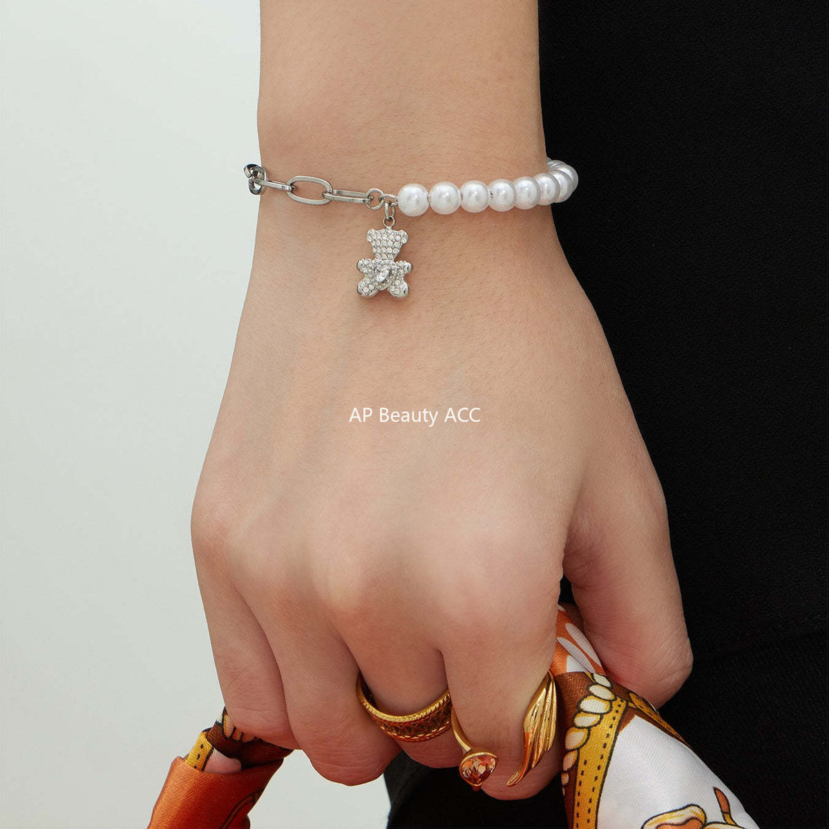 D관 - 스테인리스 스틸 18K 도금 큐빅 곰 펜던트 진주 팔찌 [E153-E162] 25.12-3