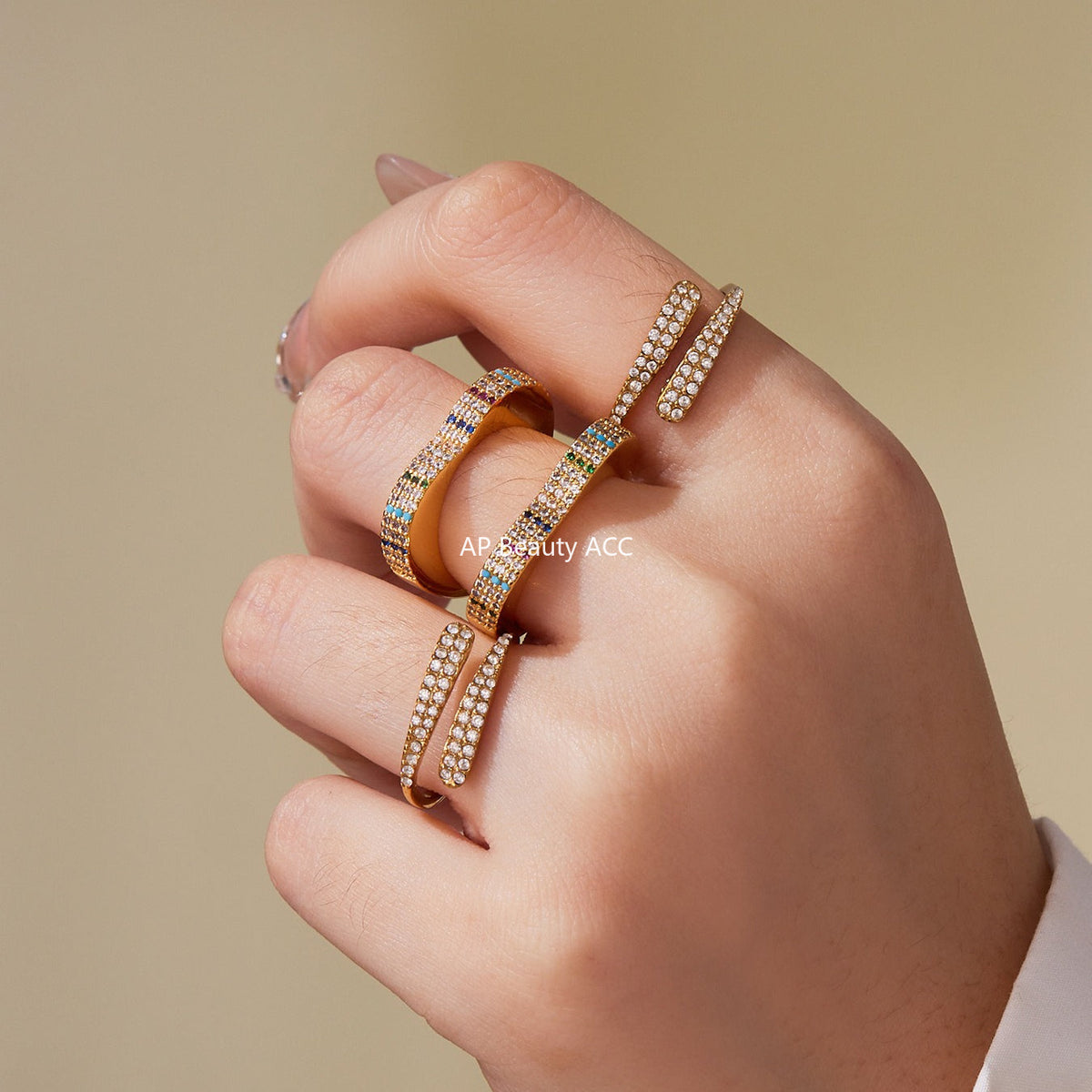 D관 - 18K 골드 도금 스테인리스 스틸 큐빅 하트 모양 반지 [A560-A561] 25.10-1