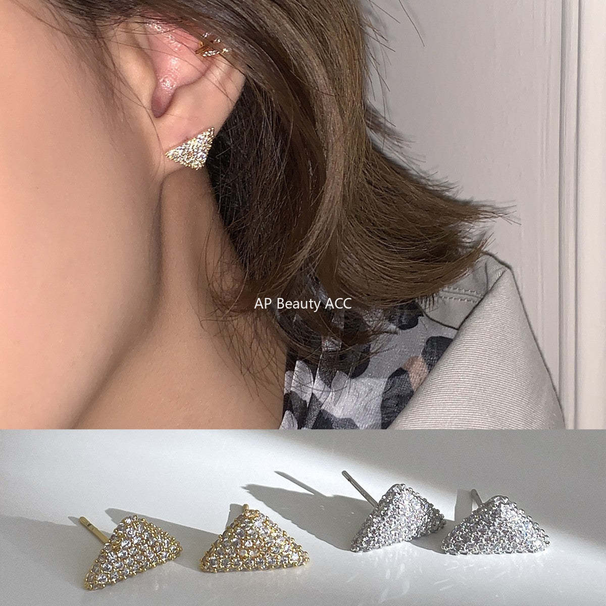 A관 - 입체 삼각형 모양 풀큐빅 스터드 귀걸이 [EH-4321] 25.12-3