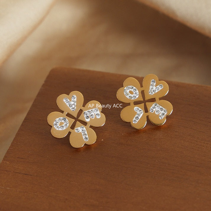 D관 - 티타늄 스틸 네잎클로버 큐빅 LOVE 레터링 귀걸이 [F394] 25.10-1