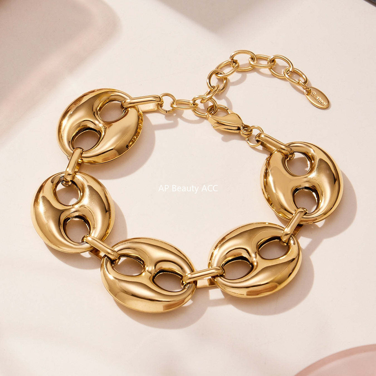 D관 - 타원형 돼지코 모양 체인 18K 도금 스테인리스 목걸이 팔찌 [TXP466] 25.11-3