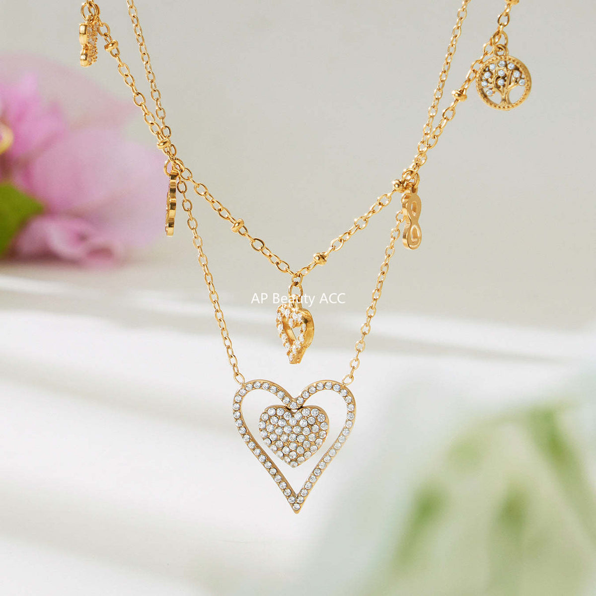 D관 - 스테인리스 스틸 하트 풀큐빅 레이어드 18K 도금 목걸이 [P874] 25.11-4
