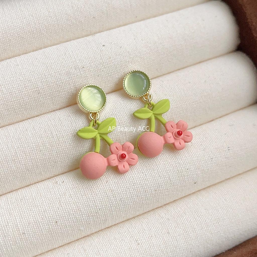 C관 - 산뜻한 유리 묘안석 꽃 벚꽃 은침 귀걸이 [3650] 24.03-4