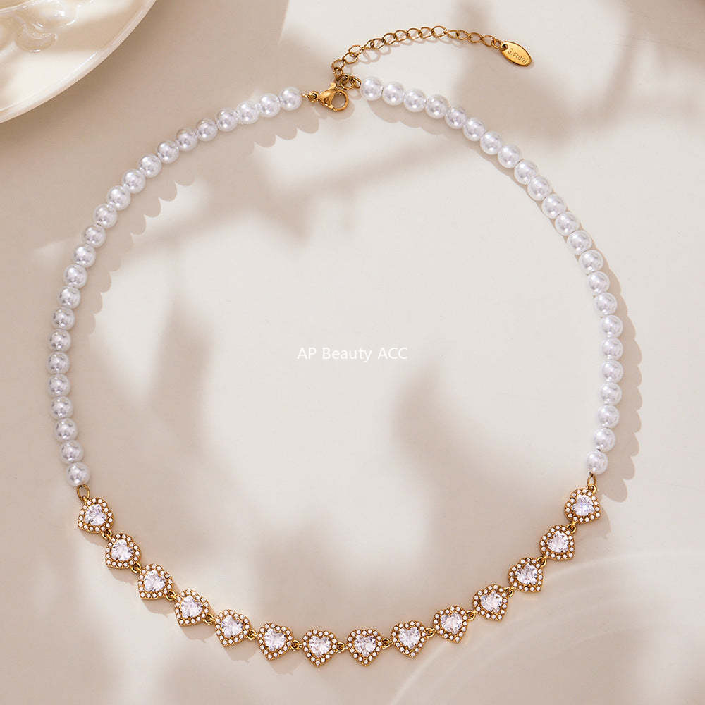 D관 - 18K 도금 스테인리스 스틸 핸드메이드 진주 하트 큐빅 목걸이 [P1735] 25.10-4