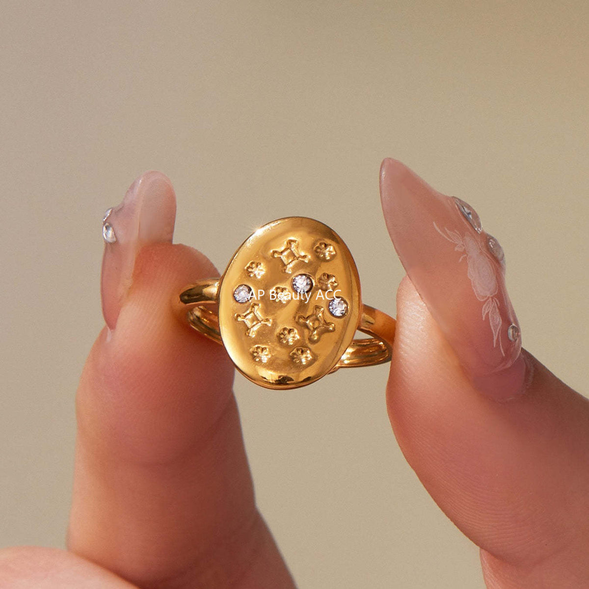 D관 - 불규칙 원형 오각별 큐빅 18K 골드 도금 오픈 반지 [A276-A335] 25.09-4
