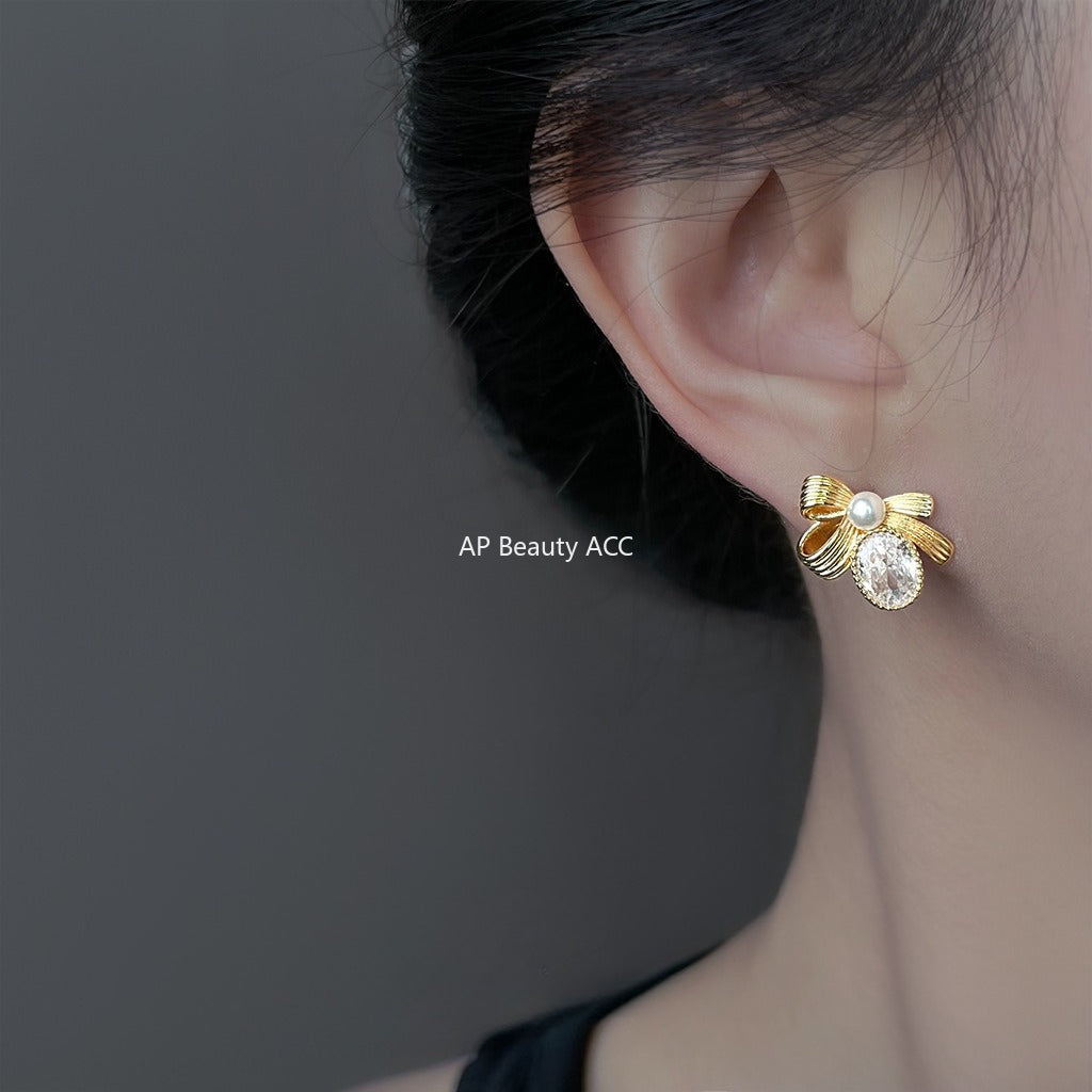 C관 - 925 은침 진주 큐빅 리본 귀걸이 [6913] 25.10-2