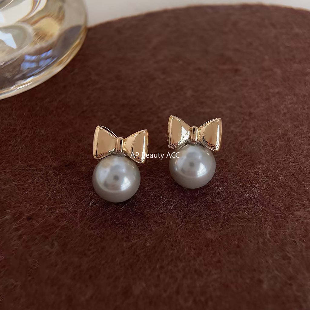 C관 - 고급스러운 글라스 진주 리본 14K 도금 은침 귀걸이 [3847-3848] 24.04-3