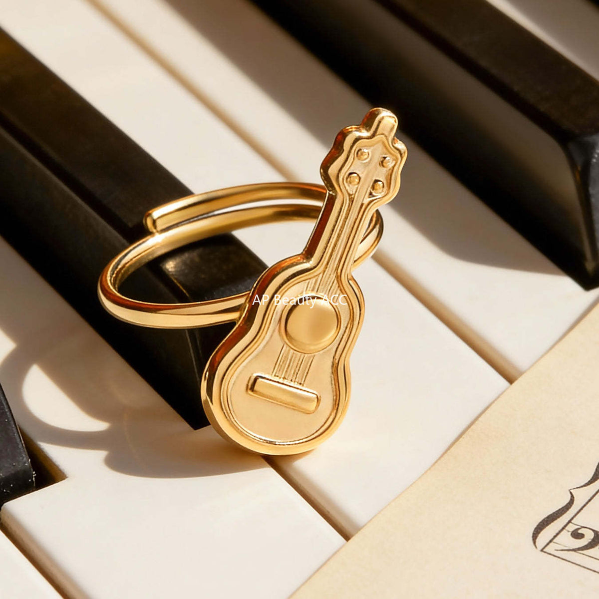 D관 - 스테인리스 스틸 18K 도금 미니 기타 오픈형 반지 [A542] 25.12-3