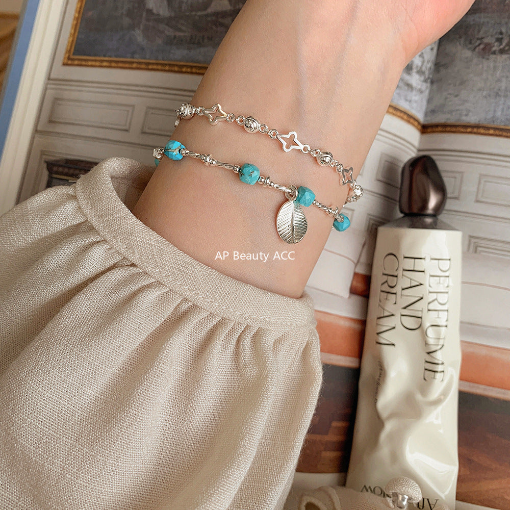 A관 - 925 실버 핸드메이드 터키석 잎사귀 목걸이 팔찌 [1425] 25.10-2