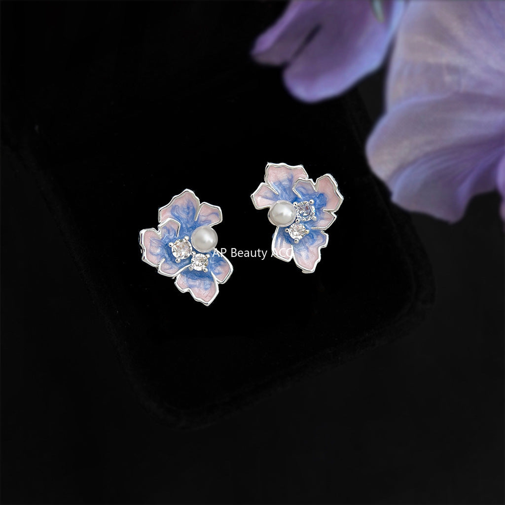 C관 - 925 은침 핸드페인팅 플라워 큐빅 진주 귀걸이 [6863] 25.10-1