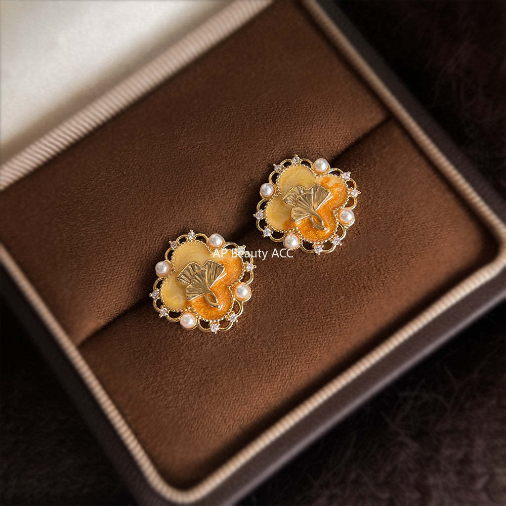 C관 - 925 은침 핸드페인팅 은행잎 진주 디자인 귀걸이 [6960] 25.10-4