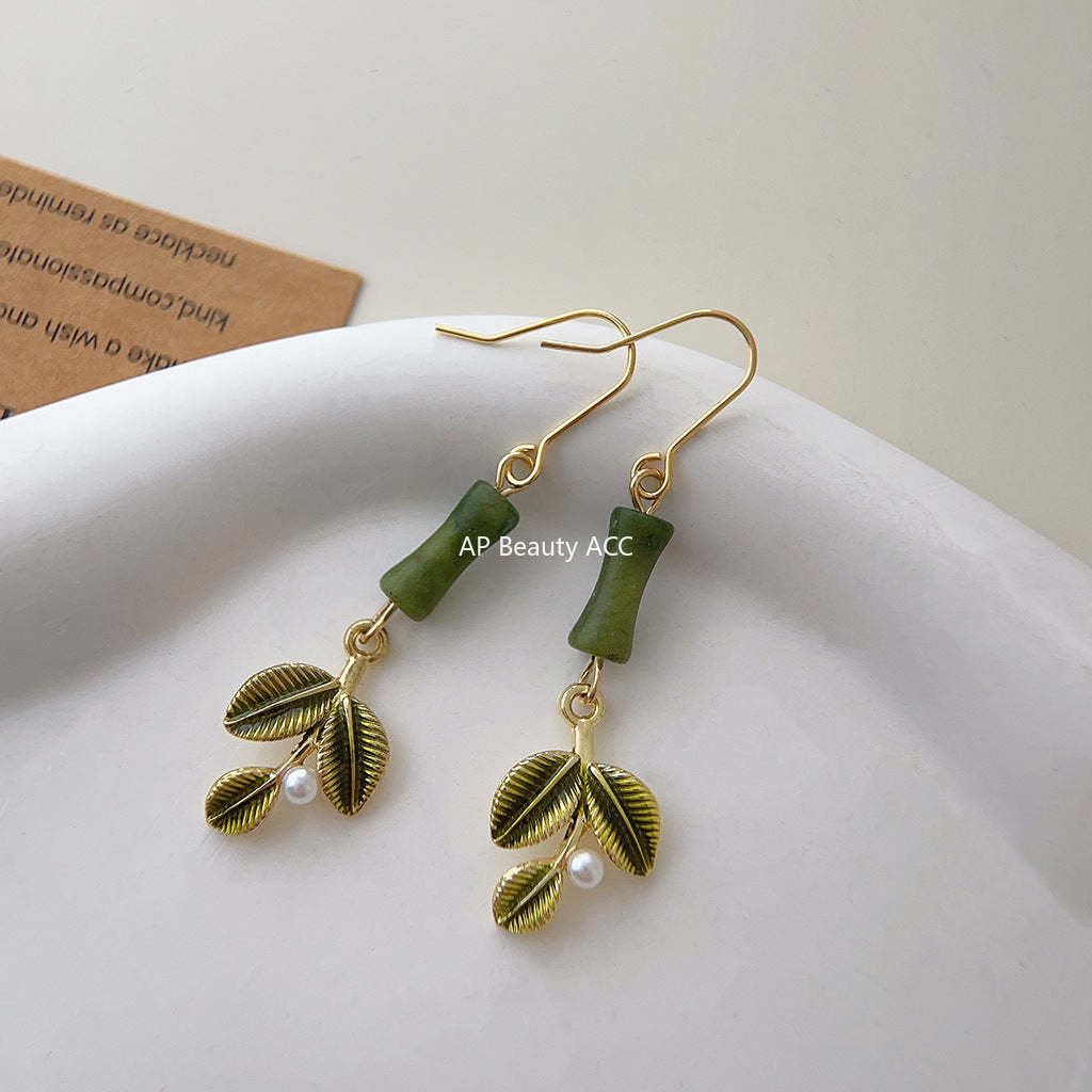 C관 - 천연석 대나무잎 모양 14K 도금 핸드메이드 디자이너 귀걸이 [3869] 24.04-4