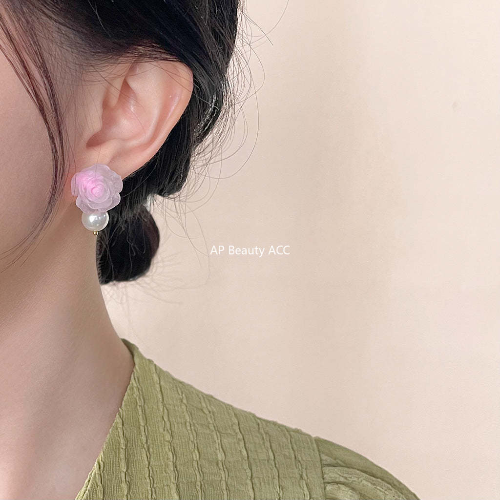 C관 - 분홍 장미 은침 스윗한 글라스 진주 14K 도금 여름 귀걸이 [4412-4413] 24.06-4