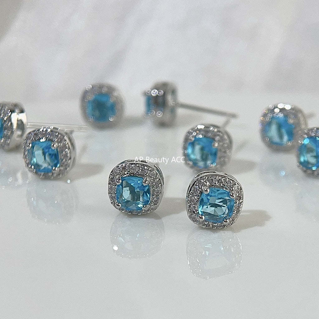 C관 - 미니 큐빅 해양 블루 기하학 은침 귀걸이 [3723] 24.04-1