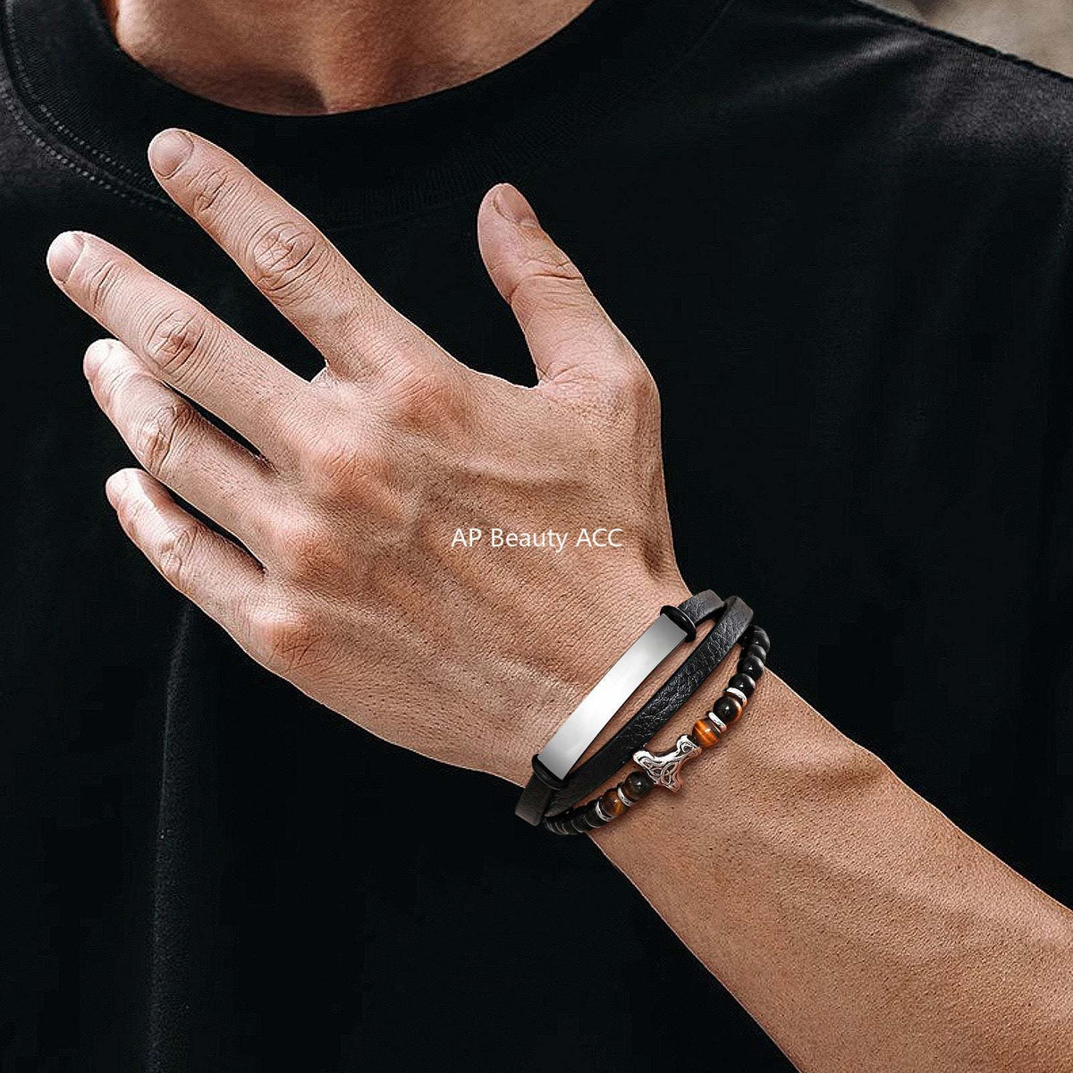 G관 - 스테인리스 마노 호안석 트리플 레이어 가죽끈 팔찌 [BL-734] 25.10-5