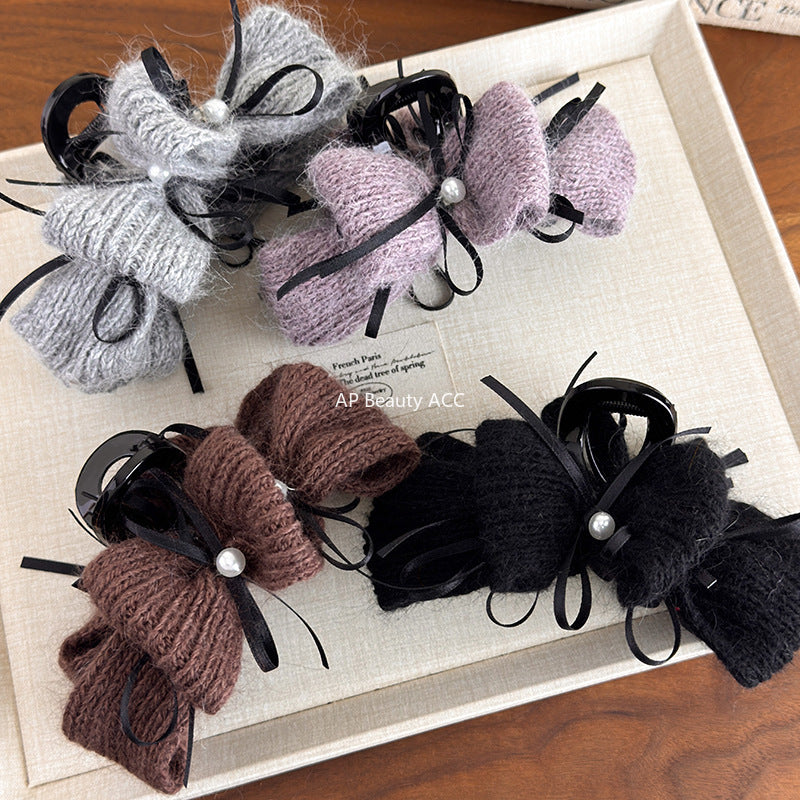 E관 - 털실 니트 진주 리본 디자인 집게핀 [27667] 25.11-2